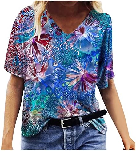 Преголема маица за цветни печати за жени модна летна блуза со кратки ракави, обичен лабав плус големина на врвови за дама