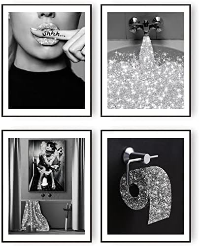 Admmixoo Смешна декор за бања wallидна уметност отпечатоци глам сјајно ткиво бања тоалетна хартија уметнички дела за wallид црно -бело