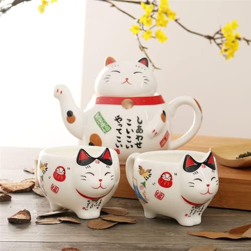 3 парчиња/Плут мачка керамички чајник 1 чајник 2 чаши симпатична среќна мачка цртана чаша чајник чајно млеко чаша сет појадок попладневен