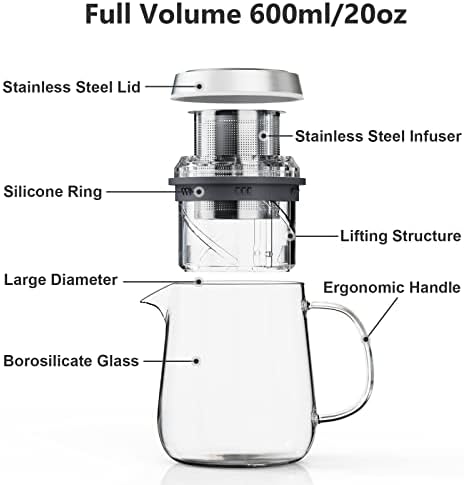 Стаклен чајник со лифт инфузер-саксија од чај 600 мл/20oz со лифт инфузер за контрола на јачината на чајот, 2-во-1 чај котел/производител на чај