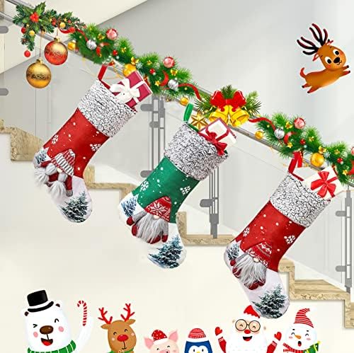 LSXD Божиќни чорапи, големи големини 18 Комплети за Божиќни чорапи од 3 Дедо Мраз, снежен човек, ирваси, материјали за украси за Божиќ