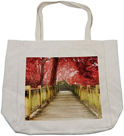 Есенска торба за есенско купување, апстрактна винозна тонови шума со дрвена патека и скали, еколошки торба за еднократна употреба