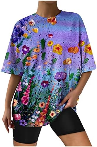 Плус Големина Блузи За Жени Облечени Обични Цветни Печати Секси Маици Трендовски Круг Вратот Кратки Ракави Туника Блузи