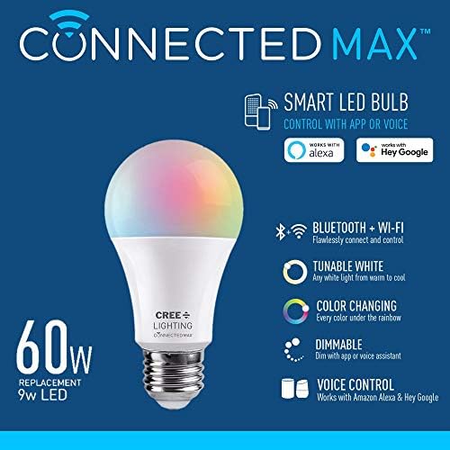 Cree Осветлување Поврзани Макс Паметни Led Сијалица A19 60W Подесување Бела + Боја Менување, 2.4 Ghz, Работи Со Alexa И Google Home, Не Центар