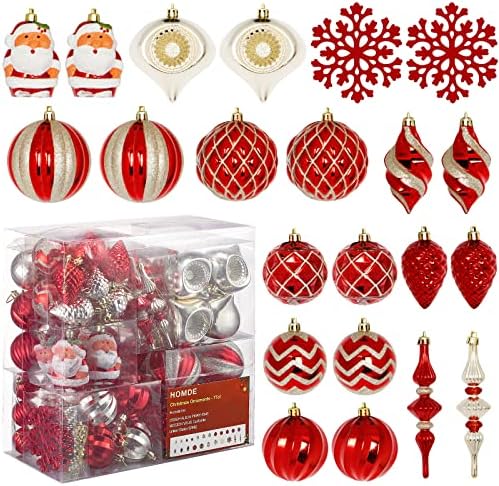 Хомде Божиќни топки украси 5.12inch -1.57inch Вклучуваат снегулки од Дедо Мраз за украси на Божиќни дрвја за Божиќ со висечки јаже - 77CT