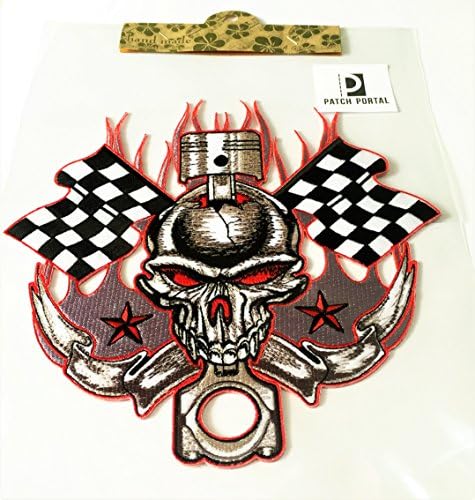 Портал Портал Црно бело карирано тркачко знаме череп Голем 8 инчи пламен моторцикл моторцикл со везени амблеми