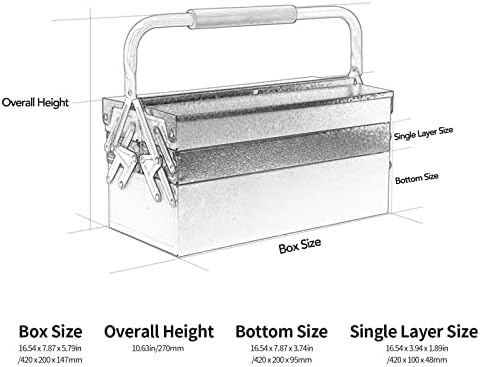 Кутија за алатки за алатки, 16,5 инчи метална кутија за складирање на преклопување со со 2 нивоа за складирање на организатор, организатор