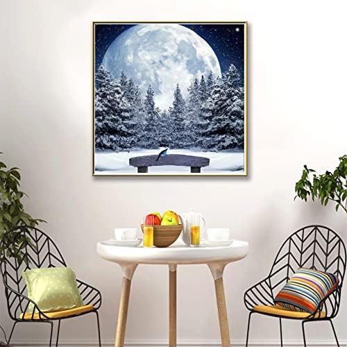Насхаи 5д Дијамантско Сликарство За Возрасни Месечина, Дијаманти Уметност Снежно Пејзажно Дрво За Декор НА Домашен Ѕид НАПРАВЕТЕ Сами