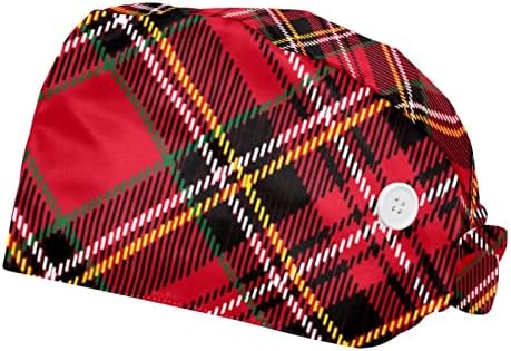 2 парчиња работни капачиња со копче од тиква вратоврска грб буфан капи за дишење на косата, карирана шема црвена