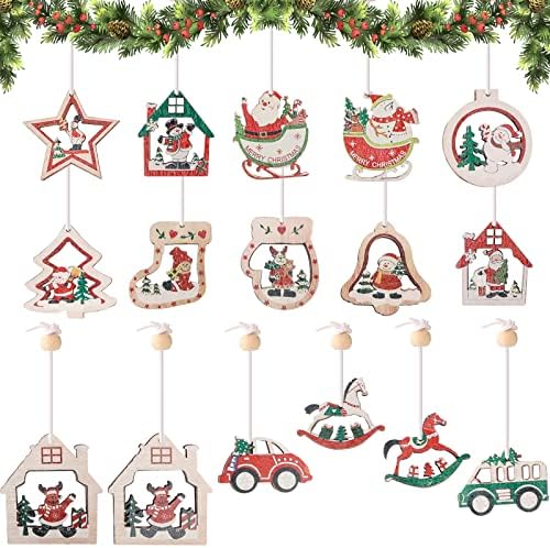 Божиќен дрвен декор, 16 парчиња Божиќни украси украси од дрво дрво дрвени занаети за занаети Дедо Мраз снежен човек украси за подароци Декор,