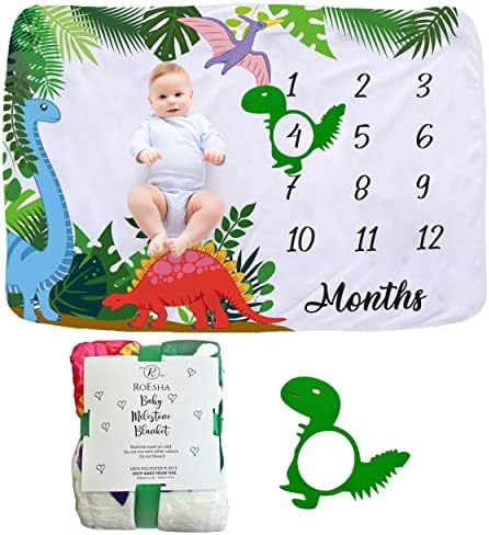 Месечна пресвртница Roesha Baby Monthone за момчиња и девојчиња, 51x40 инчи руно диносаурус месечно ќебе, ќебе за табели за бебиња, неутрално