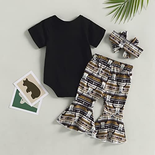 Сејардин дете бебе девојче лето облека со кратки ракави писмо ромпер цвет крава печатење bellвоно дно облеки со лента за глава