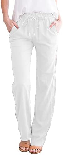 Партони со сештачки женски памучни постелнини Еластично дното на половината широко нозе проточно лабаво вклопени долги обични панталони за