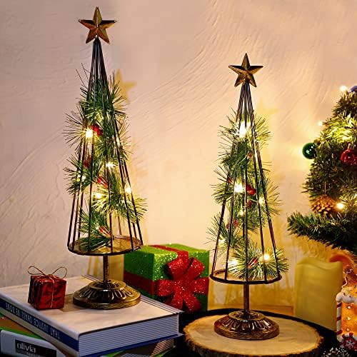 Глинтопер Божиќ Маса Украси, 2 Пакет Осветлени Елка Со Златна Ѕвезда, Батерија Управувана СО LED Светла, Светне Маса Елка За Одмор