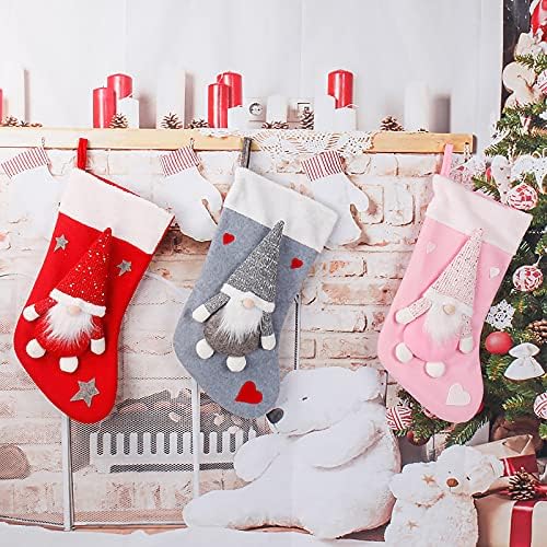 BWOLE сет од 3 Божиќни чорапи, 20,5in со симпатична 3D плишана шведска гном, декорација на големи Божиќни чорапи што виси Божиќно порибување