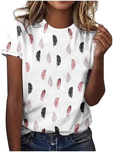 Графичка блуза во боја за тинејџери за кратки ракави со кратки ракави, шарени пердуви блузи маички жени 2023 g2