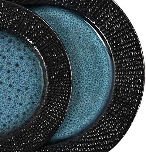 Колекција за колекции на елама текстура на stoneware естеван сет за 4, 16 парчиња, јаглен и сина боја