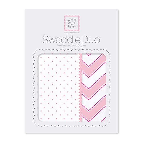 Swaddledesigns Swaddleduo, сет од 2 бебешки ќебиња, памук маркисет + премија памучен фланел, класичен шеврон дуо, розова