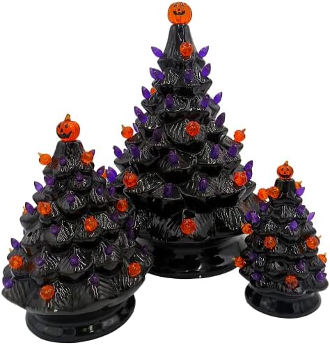 Ноќта на вештерките осветли керамичко дрво сет од 3 со звуци и LED, црна, виолетова и портокалова украси