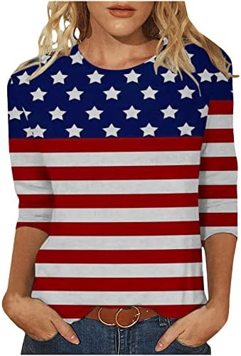 Девојки 3/4 Блузи Со Ракави Американско Знаме Графички Врвови Маици Врат На Брод Среќно Лето Fall Блузи Облека Редовно Вклопување