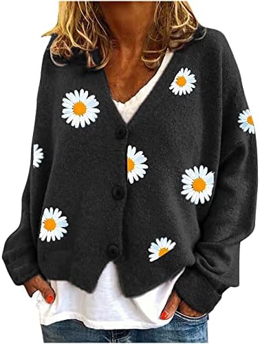 Дами бранч палто со долги ракави палти џемпер Дејзи цветна графичка опуштена вклопена капчиња плетени картониган 3ц 3ц