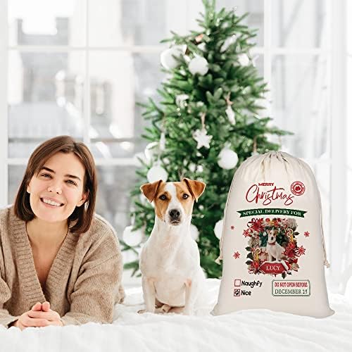 Бејџју Персонализирано куче Санта вреќи симпатична далматијан Санта торба за Божиќен Божиќ подарок со памучна постелнина 19,5 x27,5