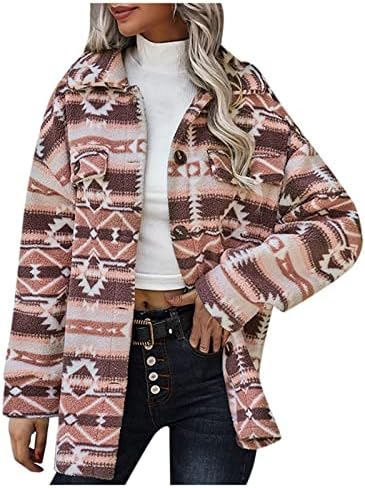 FMCHICO Women'sенски долг ракав картониган палто Lapel копче надолу топло нејасно руно јакна Преголема зимска надворешна облека