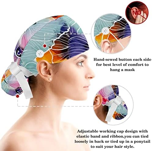 Бои цветна пеперутка работна капа прилагодлива капаче за чистење со копчиња и лажна коса чиста за медицинска сестра и доктор