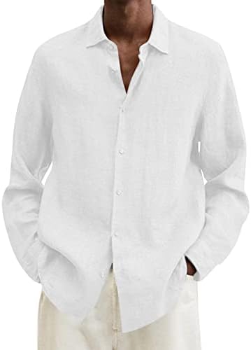 Постелнина летна летна памучна постелнина цврста обична плус големина опуштена вклопена кошула маица ширење јака со долги ракави