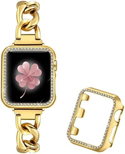 Диландо Блинг Сребрена Метална Лента За Мушка за Apple Watch 40mm И Златен Ланец Компатибилен со Iwatch Band 40mm