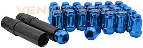 Сет од 24 сини M12x1.5 Tuner 6 Spline Lug Nuts со карактеристика за заклучување+ две копчиња за приклучок за отстранување | Одговара на Toyota