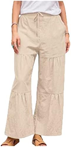 2023 памучни постелнини панталони, еластични високи половини широки нозе лабава вклопена должина на глуждот цврста боја јога долги панталони