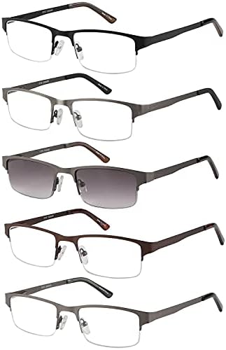 Очила за читање на метални метални метални рамка мажи 5-пакувани пролетни шарки од не'рѓосувачки челик вклучуваат читатели на сонце 2,50