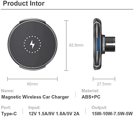 Полнач за безжични автомобили Sajilo Magnetice, држач за брзо полнење на автомобили, компатибилен за Magsafe iPhone 14/13/12 & Case, Type-C 15W