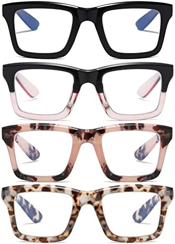 Zxyoo 4 пакуваат очила за читање во стил на опра за жени мажи сини светло блокирање компјутерски квадратни метални читатели на читатели