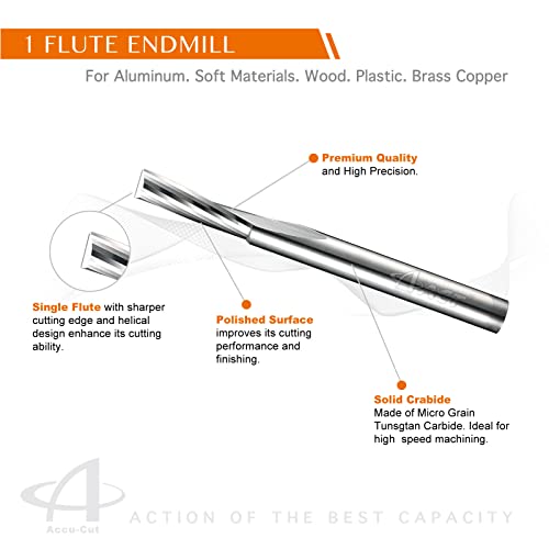 Accucut I1AES 1/8 единечен флејта карбид крајна мелница за алатка за мелење на машини за алуминиум, CNC, за дрво, бакар, легури,
