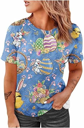 Велигденски кошули жени симпатична зајачка графичка кошула Смешна велигденска зајак јајца печати кратки ракави маички обични врвови