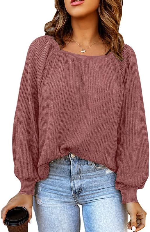 Женски џемпери цврста боја квадратна врат лабава обичен плетен џемпер врвот на зборот врат -случајниот џемпер врвен пролет