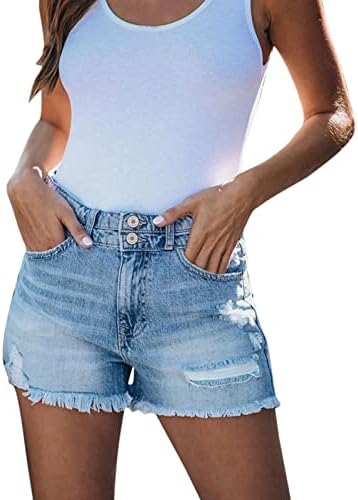 Деним шорцеви жени се протегаат во средниот пораст женски обични тексас фармерки панталони еластични средни половини класични сини џебови кратки