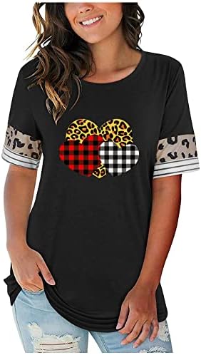 Лето Жените Одмор Блузи Денот На Вљубените Љубов Срце Графички Кошули Карирани Леопард Краток Ракав Маица Блуза Маици