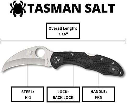 Spyderco Tasman Salt 2 лесен нож со 2,91 H-1 ултра-корозија отпорен челичен сечило и црна рачка FRN-PlainEdge-C106PBK2