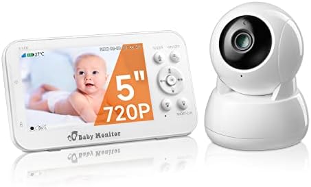 Aizzos Бебе Монитор, 5 Инчен 720P HD Дисплеј Видео Бебе Монитор Со Камера и Аудио, 5200mah Долго Траење На Батеријата, Авто Ноќ Визија,