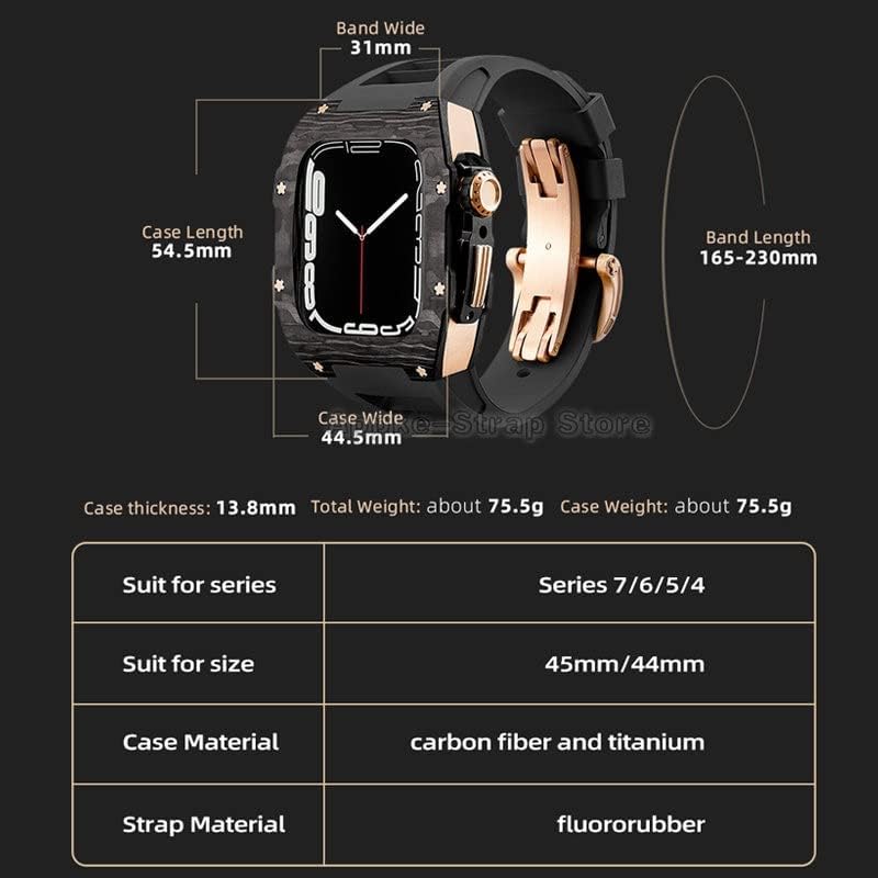 Кануз Карбонски Влакна Луксузен Случај за Apple Watch Band 8 45mm Серија 7 6 Нерѓосувачки Челик за Iwatch Серија 5 4 SE 44mm Комплет За Модификација