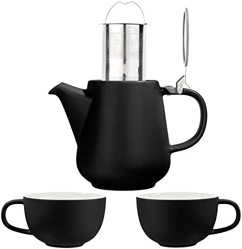 Tealyra - T42 чај за два сета - црн порцелан чајник 27 fl.oz - две чаши 8,5 fl. Оз - Окриен од не'рѓосувачки челик - Отстранлив