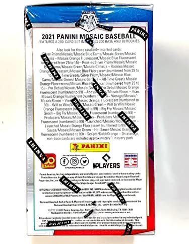 2021 Фабрика за бејзбол во Панини Мозаик запечатена Blaster Box 8 пакувања од 4 картички, 32 картички во сите со 4 сино камо,