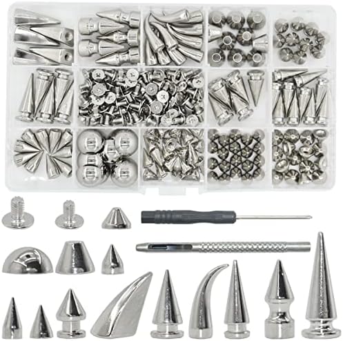 150 сет панк -шипки за шилести комплет, 13 типови големи столпчиња и конусни шипки завртки назад од куршуми со конуси со алатки