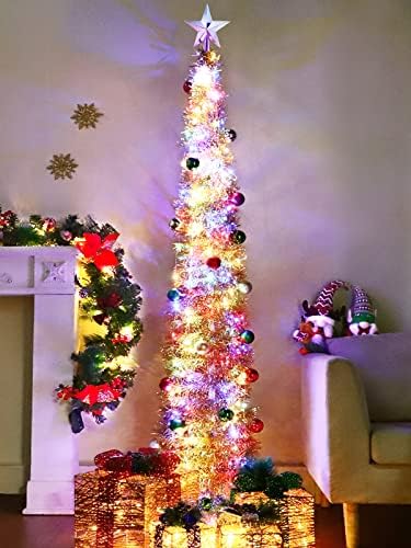 Турнмеон 6ft осветлен сјај молив за украсување на новогодишни елки 30 топки 80 светла во боја, батерија со starвезда, оперирана, трепет