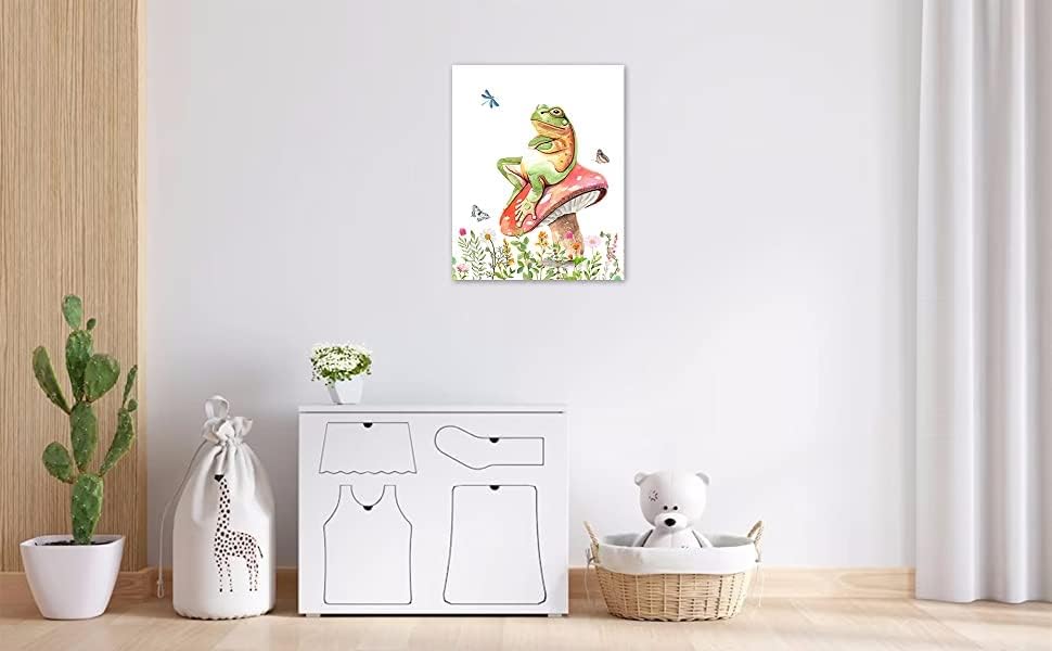 Lb печурки жаби платно wallидна уметност, цветни и зелени лисја со уметност од пеперутка платно, смешна жаба на декор за wallидови од печурки