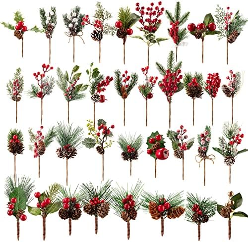 37 парчиња Божиќни цветни избори вештачки Божиќни избори црвени бери пикови разновидни гранки на Божиќни дрвја faux бор избири