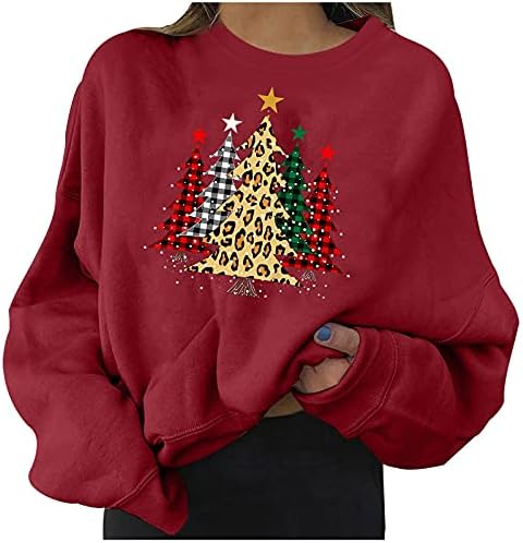 Uikmnh тинејџерка џемпер со топла долга ракав обичен Божиќ Божиќно дрво зимска рунда на вратот на врвовите на џемперите